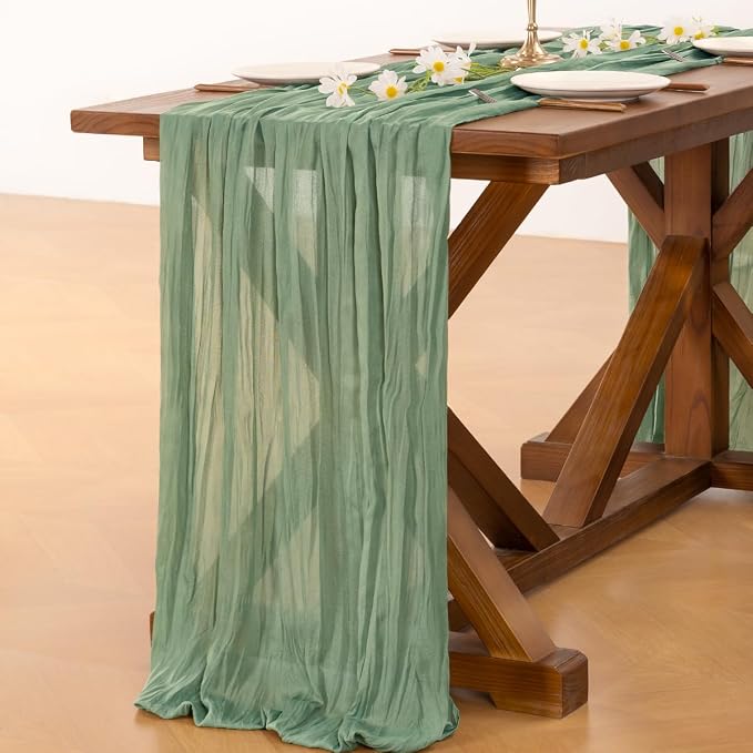 Cheesecloth Table Runner Fall Boho Wedding Birthday Party Home Decor | Sage Green 2pcs Rustic Gauze 10FT Cheese Cloth Sheer Farmhouse Dining Runner for Baby Shower Bridal Holiday Decorations