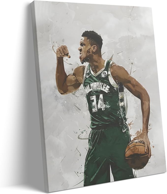 Giannis Antetokounmpo Basketball Canvas Wall Art, Sports Player Poster | Abstract splash ink athletic artwork, motivational sports wall decor for teen boys room, bedroom, living room, gym or office