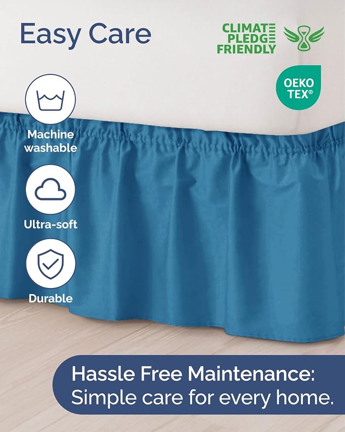 Wrap Around Dust Ruffle Bed Skirt, Full Size - 18 Inch Drop, Denim Blue | Easy Fit Elastic Strap, Adjustable Pleated Bedskirt w/Brushed Fabric, Wrinkle & Fade Free, for Women, Men, Kids & Teens