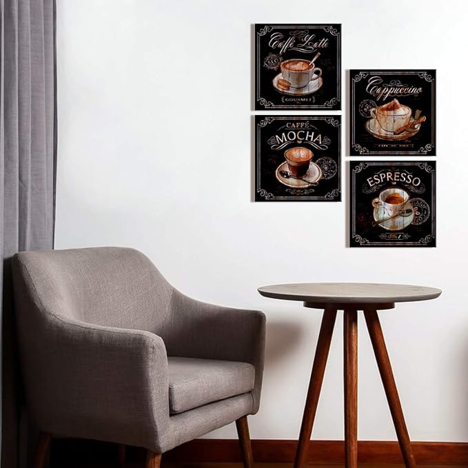 Vintage Coffee Wall Decor Kitchen Bar Wall Art Retro Brown Coffee Picture Latte Mocha Espresso Cup Cafe Signs Canvas Painting Modern Artwork for Dining Room Restaurant Office Home Decoration 16x16" 4P