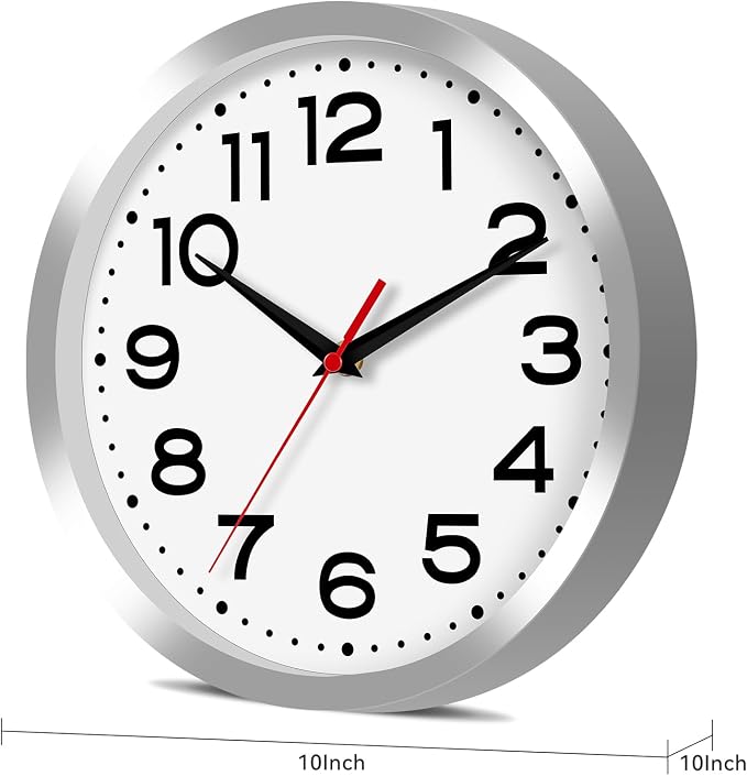 Roymnie 10 Inch Wall Clock, Battery Operated Silent Non Ticking Silver | analog wall clock; bold numerals for easy reading; silent non-ticking; 1 AA battery (not included); for classroom