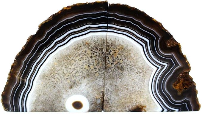 JIC Gem Black Agate Geode Bookends Heavy Duty Book Stoppers Anti-Slip6-8lbs | Brazilian large Heavy Duty Crystal Book Stoppers with Rubber Bumpers Book Supports Book Holders for Home Desktop Decor