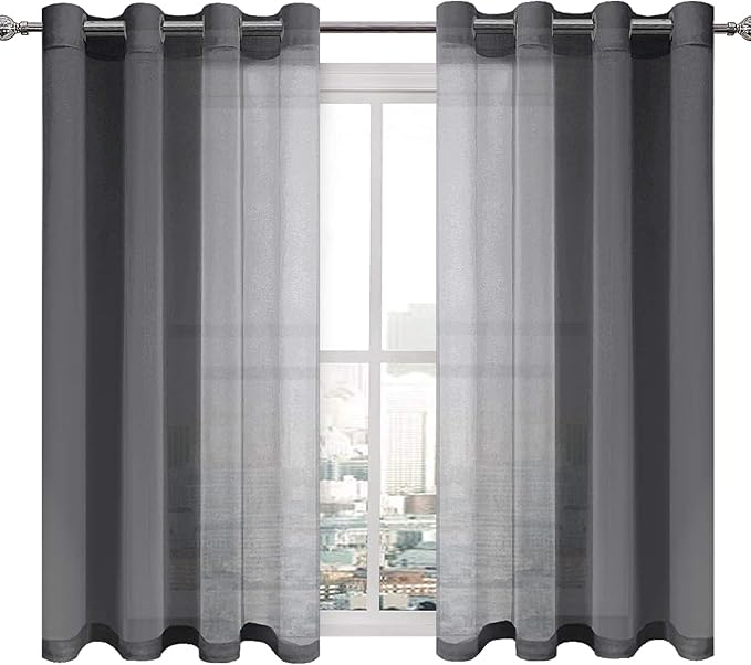 DWCN Dark Grey Sheer Curtains for Living Room Bedroom - Faux Linen Look Voile Drapes Grommet Top Window Curtain Panel 52 x 54 Inch Length, Set of 2 Panels