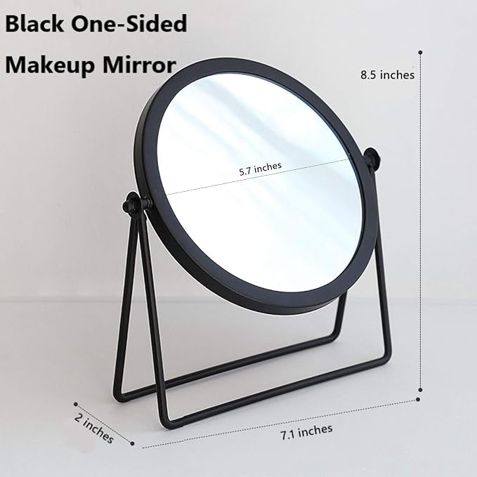 Iron Tabletop Makeup Mirror, Round Swivel Desktop Stand Mirror, 360°Rotation One-Sided Dressing Table Mirror (Black)