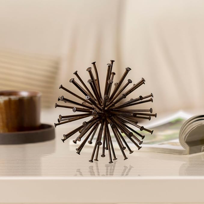 Metal Starburst Sculpture, Spike Tabletop Decorative Sphere, Small Abstract Geometric Urchin Decor Ball, Rusty Iron Table Top Decoration Orb for Home Living Room Bedroom Office Shelf