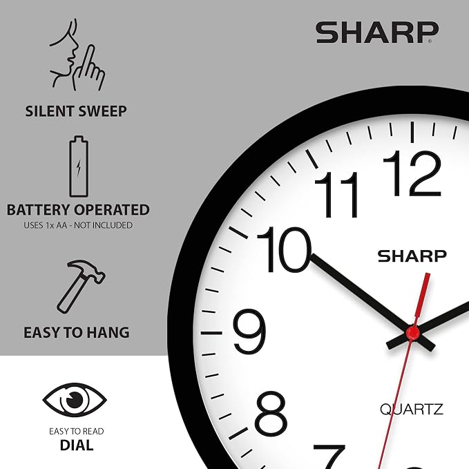 Sharp Wall Clock – Black, Silent Non Ticking 14 Inch Quality Quartz Battery Operated Round Easy to Read Home/Kitchen/Office/Classroom/School Clocks, Sweep Movement (Pack of 2)