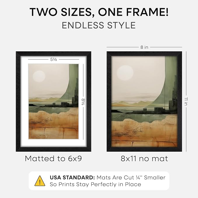 Homeforia 8x11 Black Oak Picture Frame, High-End Wood, 6x9 Mat, Glass