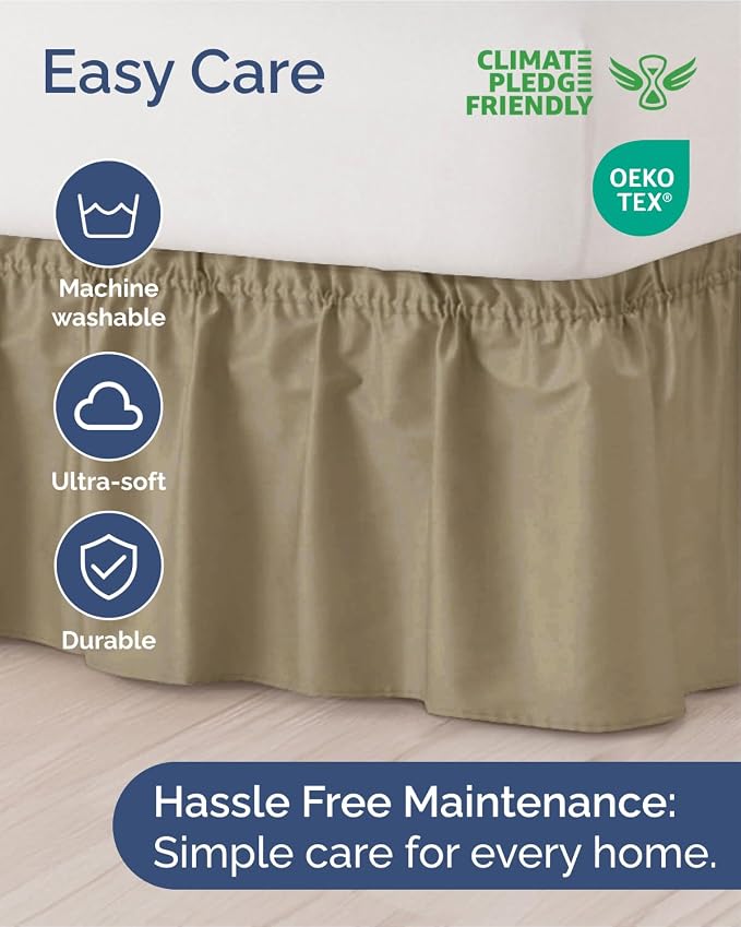 Wrap Around Dust Ruffle Bed Skirt - Khaki - for Queen Size Beds w/ 18 Inch Drop - Easy Fit Elastic Strap - Adjustable Pleated Bedskirt Brushed Fabric - Wrinkle & Fade Free - Women, Men, Kids & Teens