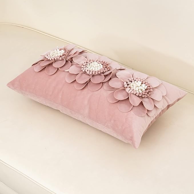 Alerfa 3D Flower Handmade Throw Pillow Cover Decorative Pink Velvet Pillowcase Cushion Cover with Hidden Zipper for Couch Bed Living Room Home Decor 12x20 Inches