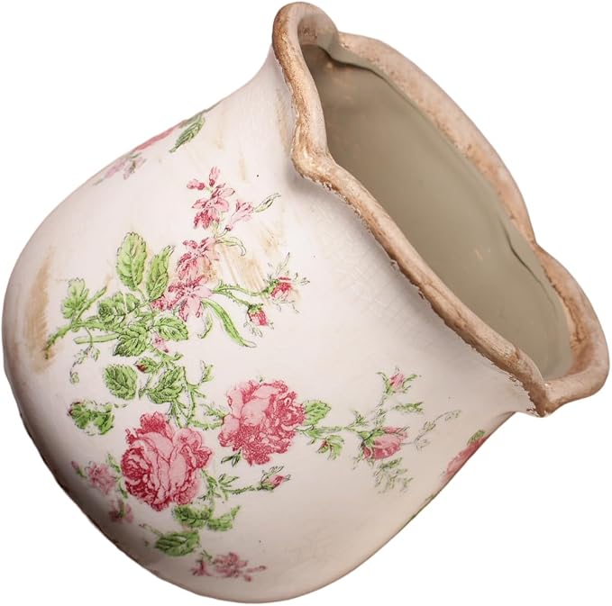 Xiaan Jiaju Shabby Chic Flower Pot, 6.11 Inch Ceramic Planter with Drainage for Indoor Plants, Vintage Ceramic Vase, Country Chic Spring Garden Home Decor, Pink Rose Floral