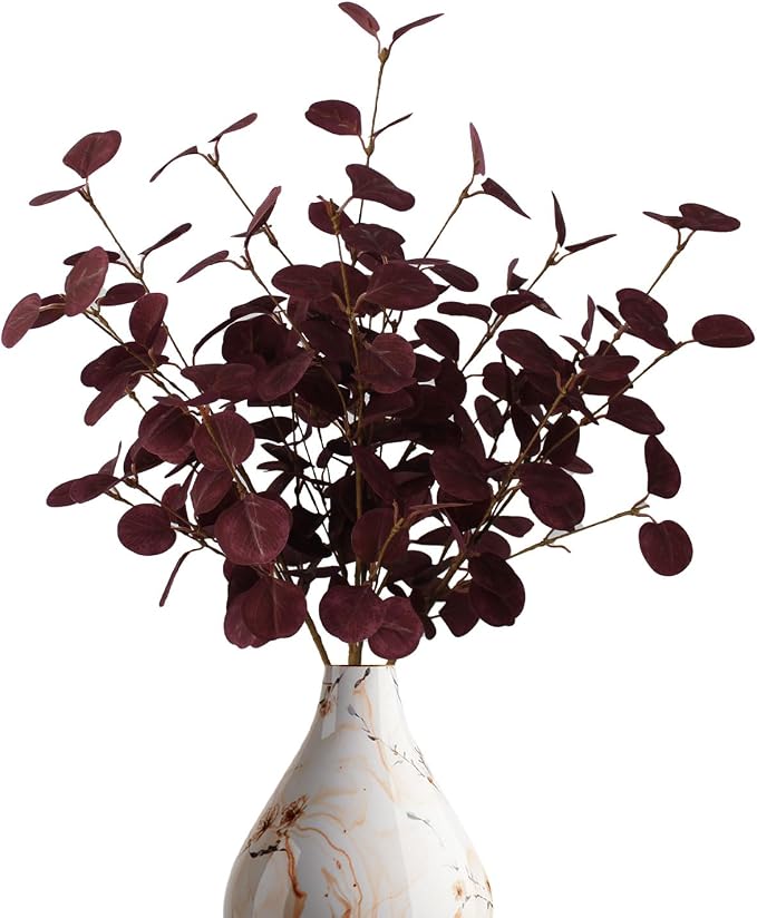 4PCS 24" Burgundy Metallic Fake Eucalyptus Stems Artificial Eucalyptus Leaves for Fall Leaves Thanksgiving Decor, Christmas Living Room Vase Decor