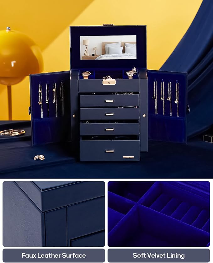 Homde Large Jewelry Box for Women: 5-Layer Organizer with Lock for Dresser | Separated Storage for Necklace Earring Ring Watch to Sort Daily Jewelry - Keep Vanities Tidy - Suitable for Birthday Gift