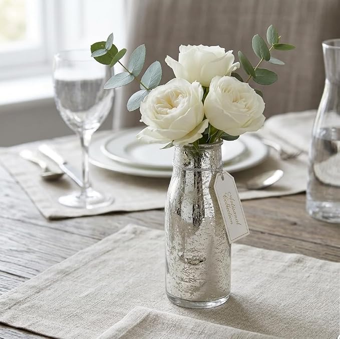 Hosley Set of 6 Silver Glass Bottle, 5.5" High. Ideal Gift for Floral Arrangements Wedding, Floral Vase, Party, Home Decor, Office, Spa