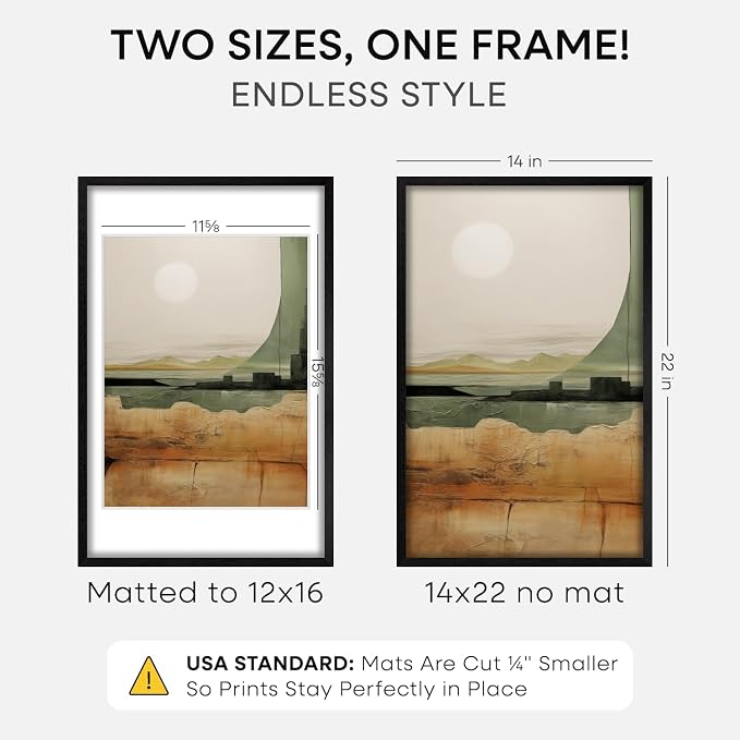 Homeforia 14x22 Black Oak Picture Frame, High-End Wood, 12x16 Mat, Glass