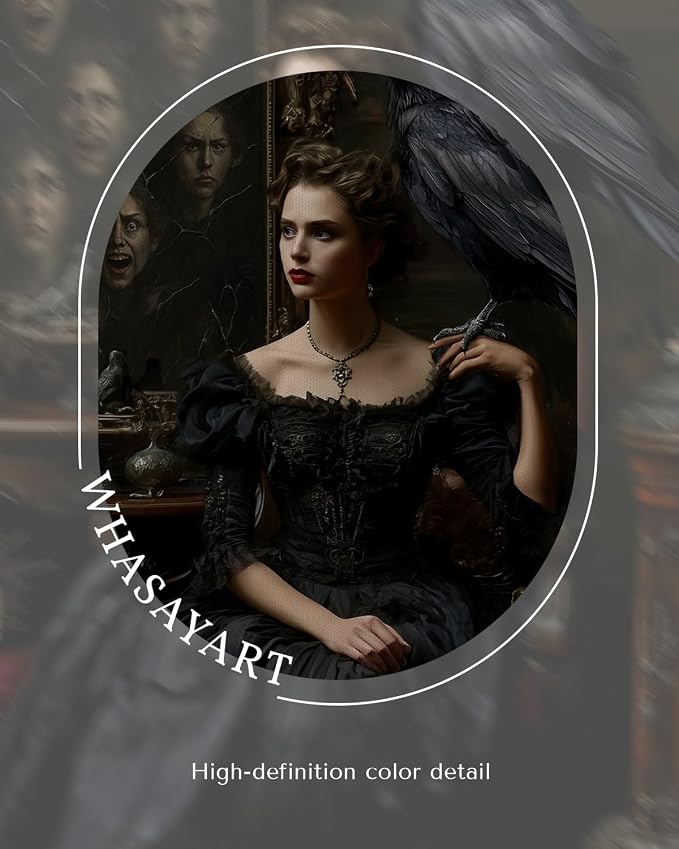 WHASAYART Vintage Gold Framed Woman Portrait Raven Canvas Wall Art | Vintage Gothic Victorian Wall Decor, Dark Academia Décor for Halloween Living Room Bedroom, 13x16" Waterproof Canvas Painting