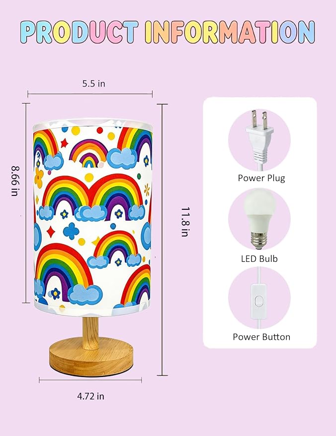 Rainbow Lamp for Girls Bedroom, 3 Colors Nightstand Light Lamp, Round Wood Base Flaxen Fabric Desk Lamp for Kids Room, Colorful Lamp Gift for Girls (LED Bulb Included) (Rainbow)