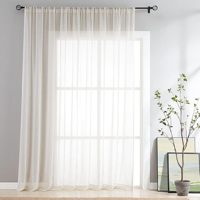 FMFUNCTEX Beige Linen Sheer Curtains,100X96 Inches, Extra Wide, 1 Panel | Semi Sheer Drapes , Sliding Glass Door Window Curtain, Patio Glass Door, for Bedroom Living Room, Rod Pocket, Flax Linen