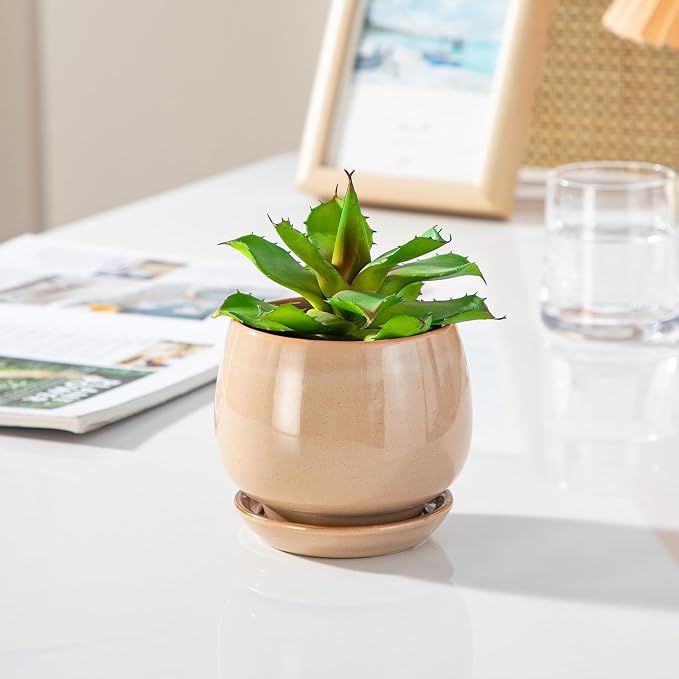 vancasso 3-Pack Ceramic Plant Pots, 3.7/4.8/6.2 Inch Indoor Planters with Saucers & Drainage Hole Planter pots for Indoor Plants and Flower, Brown