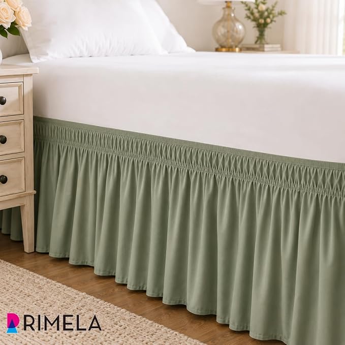 Sage Green Bed Skirt Twin Size 15" Drop, Elastic Wrap Around Bedskirt | Solid Ruffled, Easy to Use, No Mattress Lifting, Wrinkle & Fade Resistant, with Adhesive Strips, Machine Wash/Dry/Iron