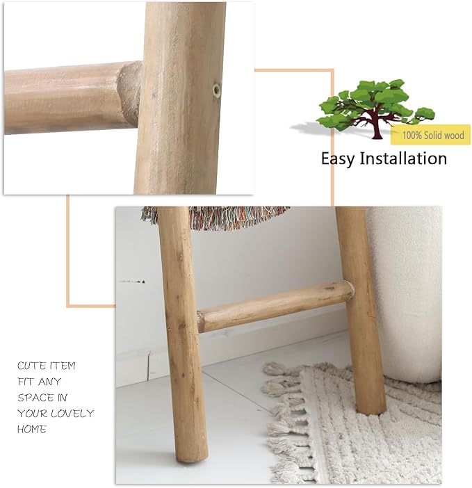 FUIN Blanket Ladder, 57in Rustic Solid Wood Decorative Ladder, Brown | Farmhouse living room accent, Layered blanket towel quilt display, Visible wood grain, Bathroom and Bedroom use