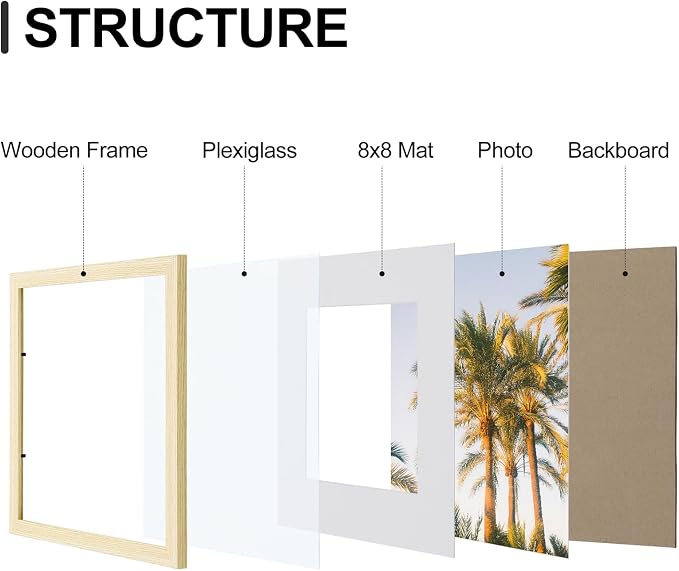 Vittanly 12x12 Picture Frames Set of 9 for Wall Mounting, OAK | Display Pictures 8x8 with Mat or 12x12 without Mat for Wall Mounting, Square Photo Frames for Home Decor, Engineered Wood