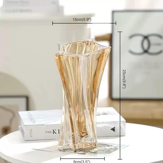Glass Vases for Flowers，Thickened 3.5 lb Modern Vases for Tables Centerpieces for Home Decor, Colorful and Clear Irregular Crystal Vase (Amber)