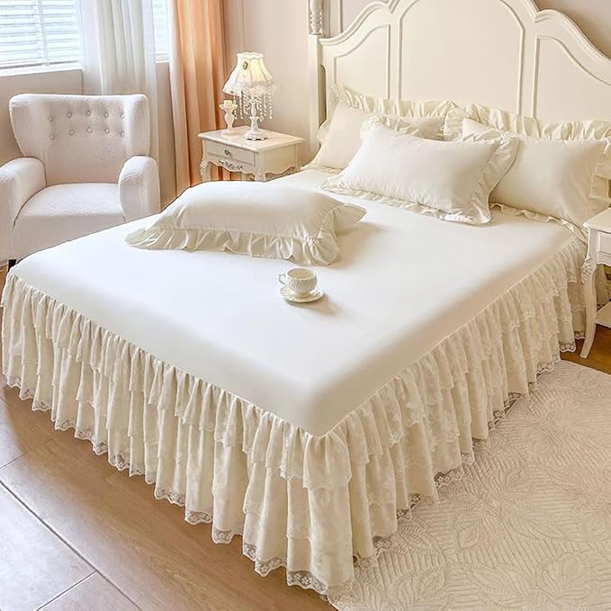 Lace Bed Sheet for Queen/King Bed - 17in. Drop, Easy Fit Ruffle Bedskirt Wrap Around Bed Skirt, Anti Wrinkle & Fade Resistant