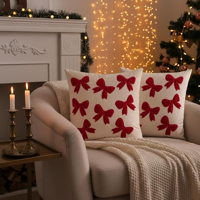 Christmas Throw Pillow Covers 18x18 inch Set of 2 Red Bows