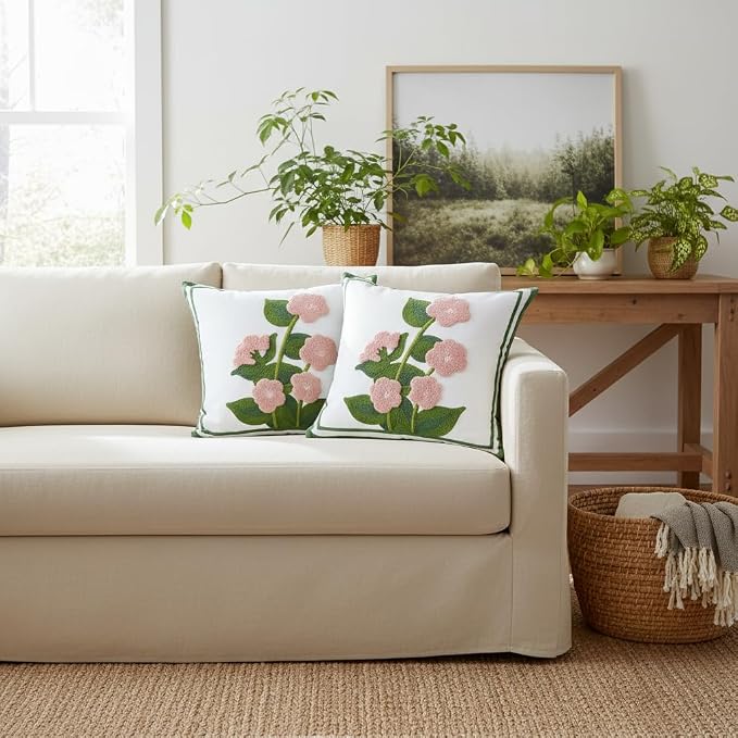 LUOYEHK Embroidered Throw Pillow Covers 18x18 Inch Set of 2 Pink Flower with Green Leaves Decorative Pillow Cases Spring Farmhouse Floral Cushion Covers for Couch Sofa Bed Living Room