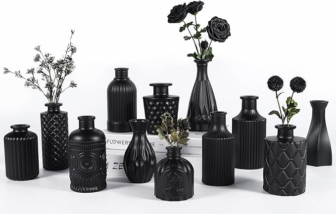 TBWIND 12 Pcs Black Glass Bud Vase Set, Small Vases for Flowers | Bud Vase for Centerpieces in Bulk, Mini Vintage Vase, For Rustic Wedding Decorations, Office and Home Table Flower Décor