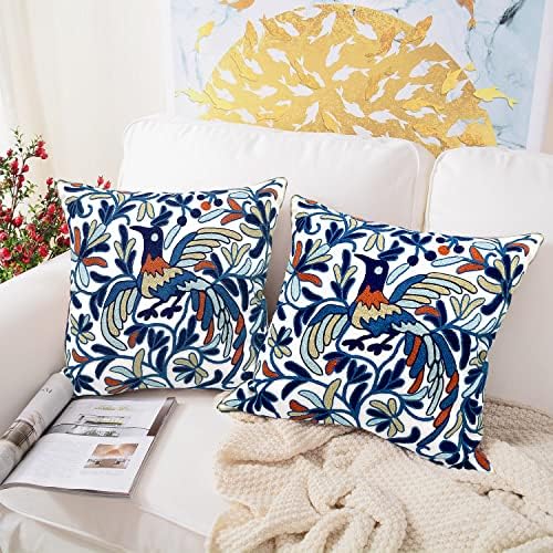 Alysheer Floral Embroidered Throw Pillow Cover 18"x 18" Set of 2, Blue Bird