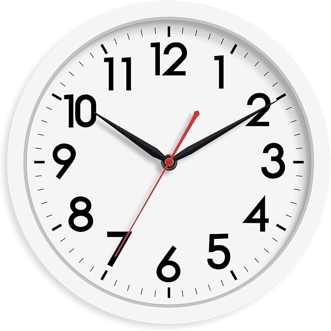 AKCISOT 10 Inch Wall Clock, Silent Battery Operated Analog Clock, White | Classroom | Kitchen | Office | Easy to Read Numbers | Garage
