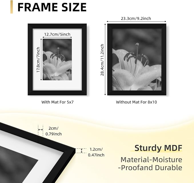 YESKAY 8x10 Picture Frame Set of 9, Display Pictures 5x7 with Mat or 8 x 10 Without Mat, Multi Photo Frames for Wall Mounting or Table Top Display, Black