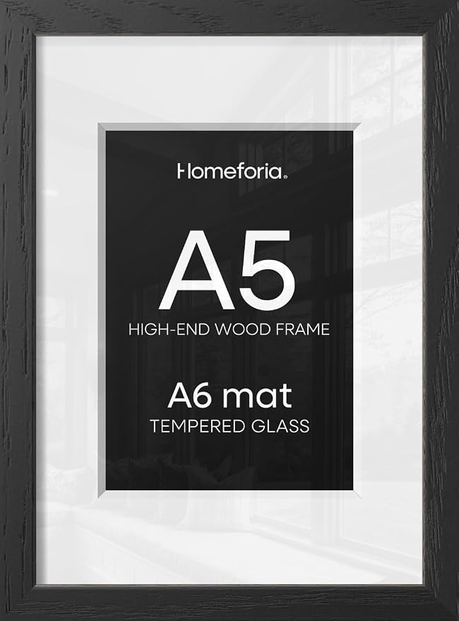 Homeforia A5 Black Oak Picture Frame, High-End Wood, A6 Mat, Glass