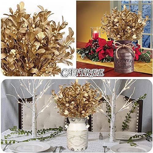 CATTREE Christmas Artificial Flowers, Golden Leaves Branches Plants Fake Berry Plant Decor for Wedding Party Indoor Outdoor DIY Home Office Table Centerpieces Arrangements Decoration - Gold 2 Pack