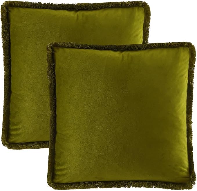 JUSPURBET Olive Green Decorative Velvet Fringe Throw Pillow Covers 22x22 Set of 2 Boho Soft Cushion Case for Home Decor Living Room Couch Sofa Bed