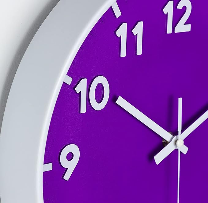 JENLYSTIME 12 Inch Modern Indoor Outdoor Clock,Round Bright Colorful Dial,Non Ticking Silent Quartz Battery Operated Wall Clocks,Easy to Read Simple Style Decor Clock for Bedroom,Kitchen(Purple)