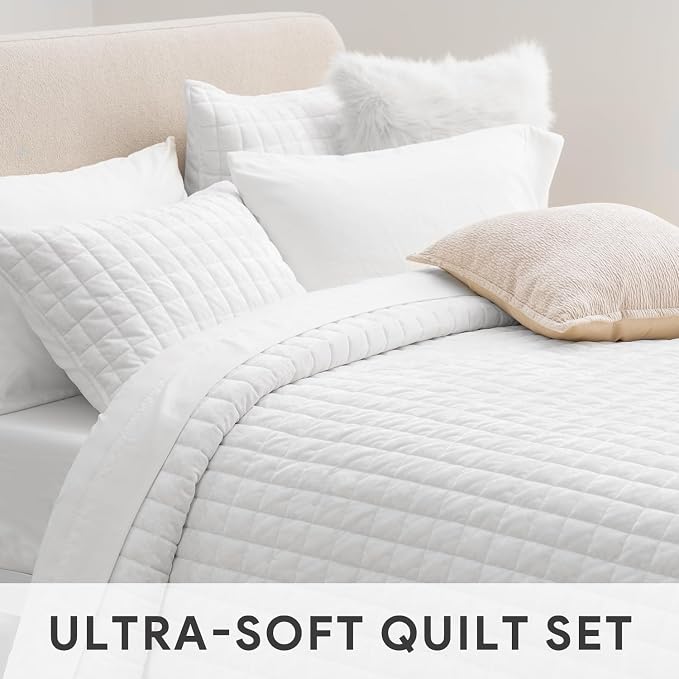 RECYCO Channel Box Stitch Velvet Quilt Set, Twin/Twin XL, Bright White | Ultra Soft Lightweight Velvet Comforter, Luxury Oversized Bedspread Coverlet, Quilted Bedding Set for All Season with 2 Shams
