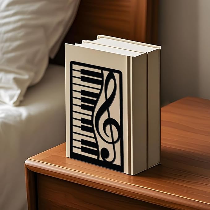 WADORN 1 Pair Piano Musical Notes Metal Decorative Bookend for Shelves, Heavy Duty Book Ends Non-Skid Books Holder Stand Black Book Support Stoppers for Music Books Desk Office Home, 5.3x4.3x7.9 Inch