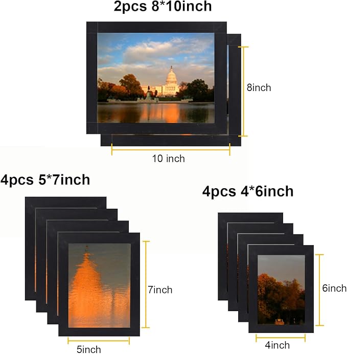 xnlkros Picture Frame Set 10 pack, Farmhouse Photo Frames, Gallery Wall Frame Collage, 8x10 5x7 4x6 Frames in 3 Different Finishes Picture Frames For Wall or Desk,Black