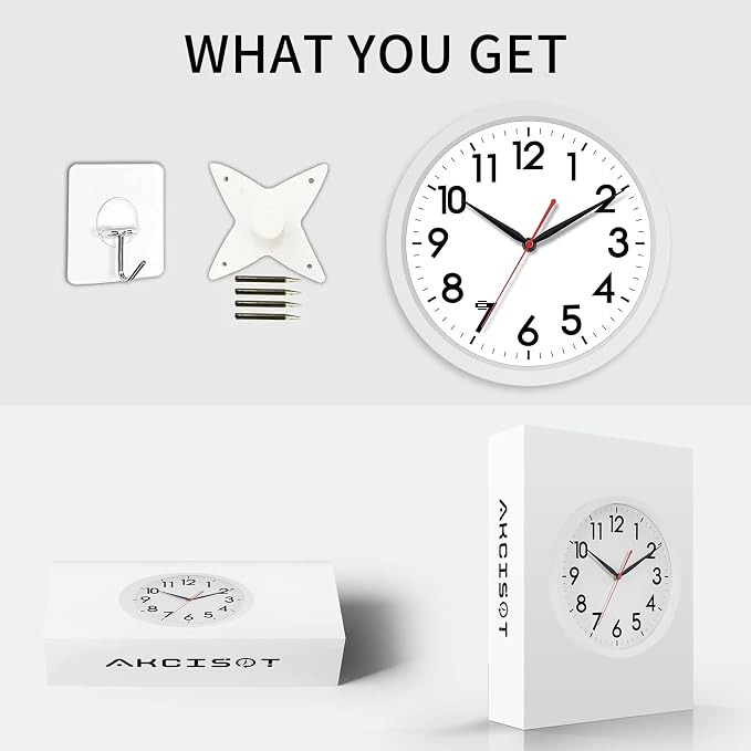 AKCISOT 10 Inch Wall Clock, Silent Battery Operated Analog Clock, White | Classroom | Kitchen | Office | Easy to Read Numbers | Garage