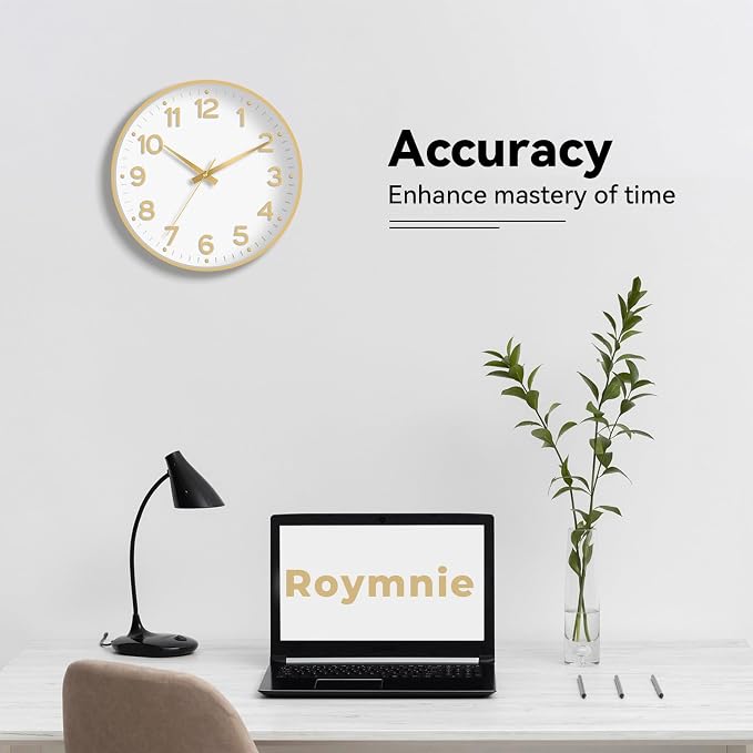 Roymnie 8 Inch Wall Clock, Battery Operated Silent Non Ticking Analog | White Gold modern analog; large 3D easy-read dial for kitchen, office, bathroom & bedroom; 1 AA battery (not included)