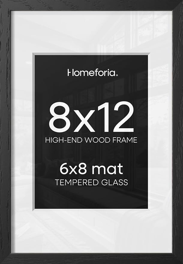Homeforia 8x12 Black Oak Picture Frame, High-End Wood, 6x8 Mat, Glass