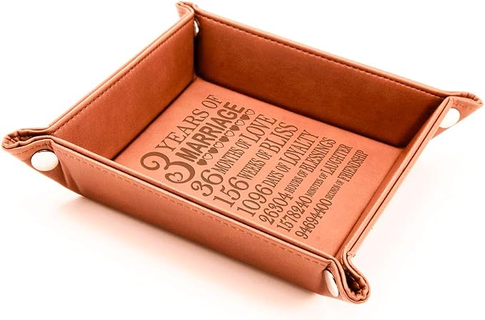 Kate Posh - 3 Years of Marriage Engraved Leather Catchall Valet Tray, Our 3rd Wedding Anniversary, 3 Years as Husband & Wife, Gifts for Her, for Him, for Couples (Rawhide)