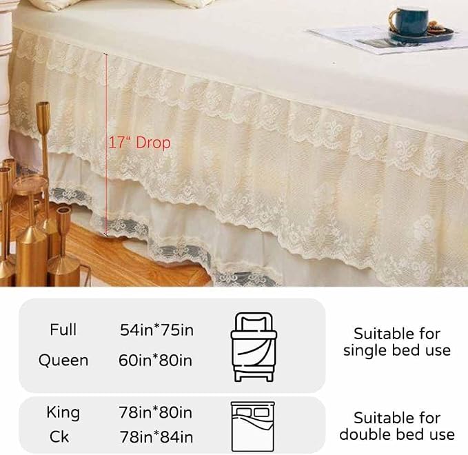 Double Lace Bed Skirt for King Bed - 17in. Drop, Easy Fit Ruffle Bedskirt Wrap Around Bed Skirt, Anti Wrinkle & Fade Resistant