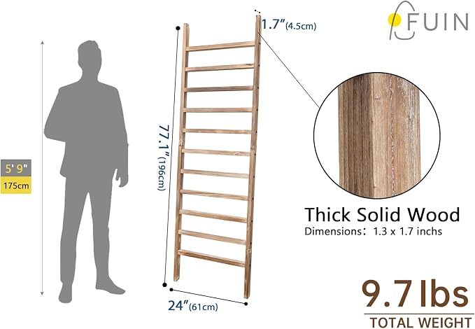 FUIN Blanket Ladder, 24 in Wide 11-Rung Wood Rustic Decor Rack | 11 rungs and 24in wide, Solid wood visible grain, Angled lean-to design, Anti-slip support, Living room and bathroom use