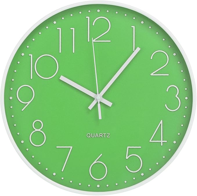 Wall Clock 12 Inch Non-Ticking Silent Modern Simple Style Round Decor Clock Green Stereoscopic Dial Quartz Wall Clocks for Home/Office/School/Living Room/Bedroom/Kitchen