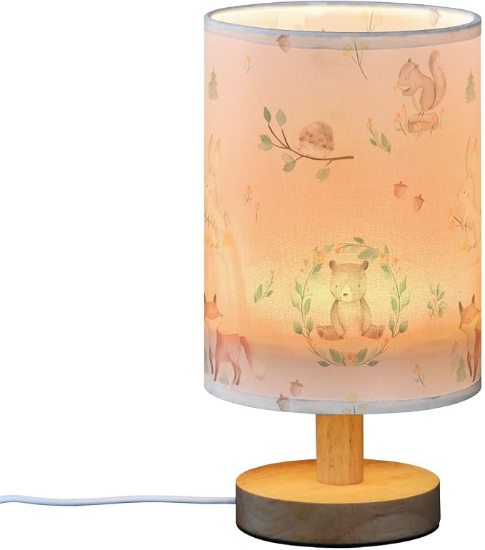 Bedside Table Lamp Woodland Animals Nightstand Lamp with Wood Forest Rabbit Deer Hedgehog Floral Desk Lamps for Bedroom Living Room Nursery Office Home Decor