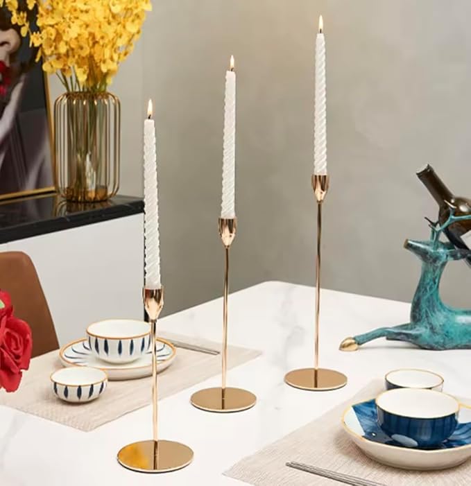 Aha Essential - Taper Candlestick Holders Set of 6 | Decorative Candlestick Holders for Home Decor, Wedding, Dinning, Parties, Anniversary, Bathroom - Candle Holders for Centerpiece (Champane Gold)