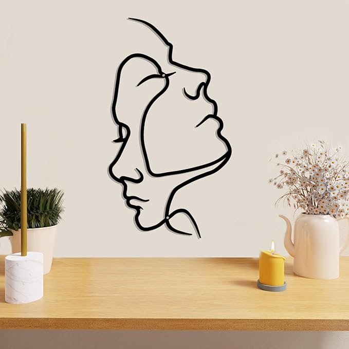 DUOOLN Metal Couples Wall Art, Silhouette Figure Decor Hanging Sculptures | Black Minimalist Abstract Line Drawing-Romantic Bedroom Bed Livingroom Bathroom Ornaments-Love Wall Pictures-Valentine Gift